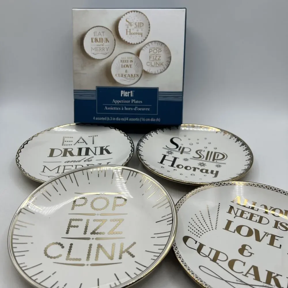Set 4 Pier 1 Gold White CELEBRATION Appetizer Plates 6.25